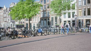Arka planda bisikletleri ve tarihi binaları olan Ambu Kanalı 'nda yürüyen insanların görüntüsü bulanık. Hollanda' daki şehir hayatının özünü canlı yeşilliklerle yakalıyorlar..