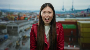 Sahildeki limanda kırmızı ceketli bir kadın sürpriz yapıyor. Arkasında nakliye konteynırları ve vinçlerle..