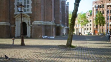 Tarihi kilisenin dışındaki bulanık Avrupa kaldırım taşı meydanı. Bokeh etkisi altında. Güneşli bir günde dağıtılmış kentsel cazibe ve mimari ayrıntıları yakalıyor..