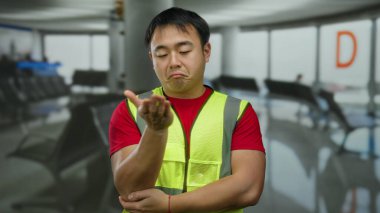 Yansıtıcı yelek giyen genç adam, arka planda D harfi ve oturma düzeniyle boş bir havaalanı terminalinde düşünceli bir şekilde duruyor..