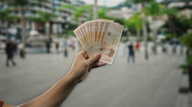 Güney Kore banknotlarını elinde tutan adam şehir sokaklarında finans başarısını ve döviz kuru değişimini gözler önüne seriyor..