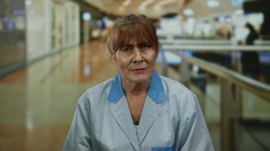 Hareketli bir alışveriş merkezinin içinde çalışan üniformalı bir kadın, gösterişli mimari ve aydınlık yürüyüş yollarının yer aldığı halka açık bir perakende ortamında çalışkanlığı ve kendini adamışlığı yansıtıyor..