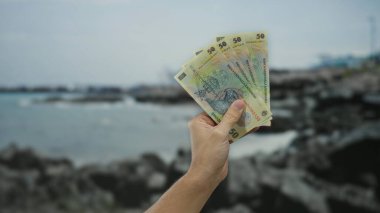Sahilde Romanya banknotları tutan adam, dalgalar arka planda düşerken kumsalda 50 lei para sergiliyor, finans ve seyahat titreşimlerini vurguluyor..