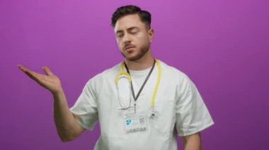 Elinde steteskop olan genç erkek doktor, beyaz önlük giyerek izole edilmiş pembe arka planı inceliyor..