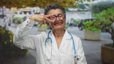 Gülümseyen gri saçlı yaşlı kadın doktor, şehir sokaklarında poz veriyor, beyaz önlük ve steteskop giyerken gözlerinin önünde barış işareti yapıyor..