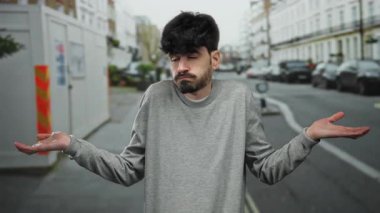 Şehir sokağında, binalar ve arabalarla çevrili, sıradan gri bir kazak giyen, modern şehir hayatını gözler önüne seren, kafası karışık bir ifadeyle duran genç bir adam..