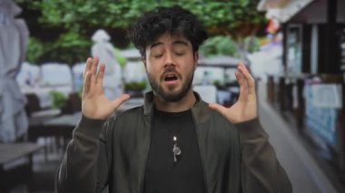 Kafeler ve yeşil ağaçlarla kaplı bir sokakta stresli olduğunu ifade eden sakallı genç bir adam yoğun bir şehir ortamında İspanyol etnik kökeni ve duygusal mücadelesi sergiliyor..