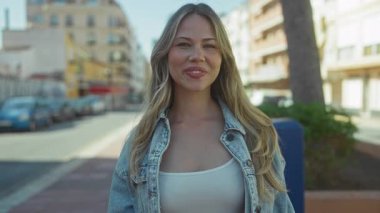 Kot ceketli sarışın kadın, gün ışığında sokakta dudaklarını öpüp öpüşüyor..