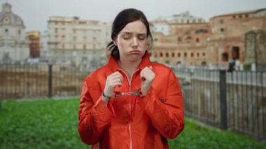 Turuncu hapishane tulumlu kadın kelepçeli. Roma harabelerinde dikiliyor. Açık havada düşünceli görünüyor..