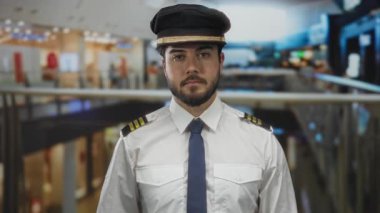 Sakallı, üniformalı ve şapkalı bir pilot arka planda bulanık dükkanlar ve otoriteyi somutlaştıran hareketli bir alışveriş merkezinde güvenli bir şekilde duruyor..