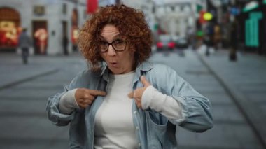 İspanyol orta yaşlı, kıvırcık saçlı ve gözlüklü bir kadın şehir caddesinde şaşırmış, günlük kıyafetler giymiş, kendini işaret ediyor..