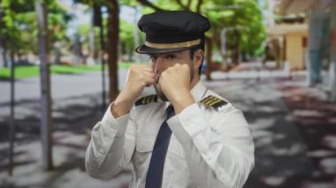 Kılavuz üniformalı sakallı genç adam yeşil ağaçlarla çevrili güneşli bir sokakta yumruklarıyla şakacı bir poz vererek enerjik ve eğlenceli bir atmosfer sergiliyor..