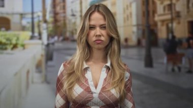Uzun saçlı, ekose gömlekli sarışın kadın gündüz vakti yayaların arasında güneşli şehir sokağında yumruklarını sıkıyor. Öfke hüsranı..