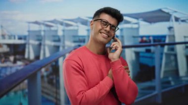 Gözlüklü genç adam akıllı bir telefonla konuşurken yolcu gemisinde gülümsüyor açık deniz manzarası ve rahat atmosferin tadını çıkarıyor..
