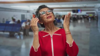 Gri saçlı, gözlüklü, canlı kırmızı kıyafetli, bulanık gezginler ve mavi koltuklu, hareketli bir havaalanı terminalinde mutlu bir şekilde el kol hareketi yapan son sınıf öğrencisi kadın.