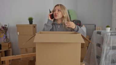 Oturma odasında telefonla konuşurken yeni evdeki kutuları açan kadın, taşınma malzemeleri ve karton paketlerle dolu..