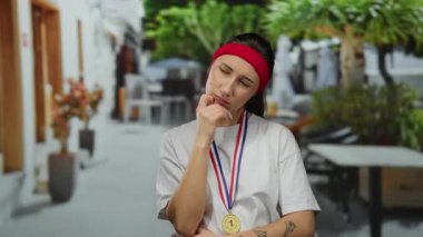 Şehir caddesinde, üzerinde madalya ve kırmızı saç bandıyla gezen bir kadın şehirli geçmişi olan, güneşli bir günde sportif ve düşünceli bir ruh hali içinde..