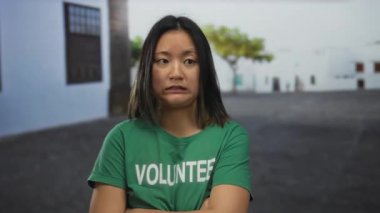 Yeşil tişörtlü genç bir kadın bulutlu bir günde şehir sokaklarında dikiliyor. Endişeli ve düşünceli görünüyor..