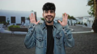 Sokak ortasında kot ceketli bir adam heyecanla gülümsüyor..