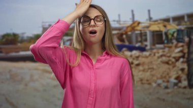 Şantiyedeki pembe gömlekli kadın hayal kırıklığı içinde alnını tutuyor. Mavi gökyüzü altında bir hata ya da unutkanlık olduğunu gösteriyor..