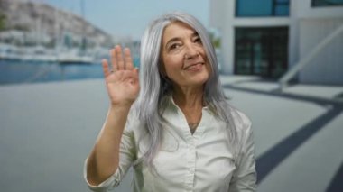 Gri saçlı yaşlı kadın, güneşli gökyüzünün altındaki deniz kenarında mutlu bir şekilde el sallıyor. İçtenlik ve dostluk gösterisi yapıyor..