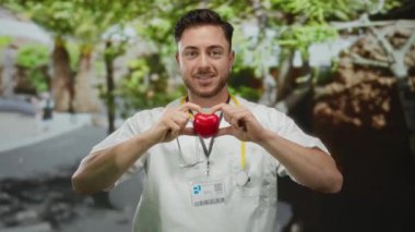 Sakallı ve steteskoplu genç bir adam kalp mankeni tutuyor ve şehir sokaklarında gülümsüyor, şehir ortamında bakım ve sağlığını somutlaştırıyor..