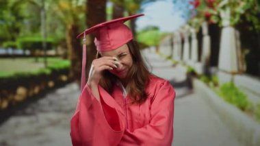 Pembe mezuniyet elbisesi giymiş genç bir kadın, güneşli bir park ortamında endişeli görünüyor. Yüzünde endişe ve dalgınlık var. Arka planda bulanık bir yol var..