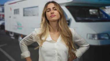 Sarı saçlı bir kadın elini kalçasında tutar ve diğer elini kaldırır. Karavanın kamp alanında omuz silkerek yaptığı bir jest. Karışıklık şüphesi..