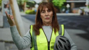 Latin kökenli son sınıf öğrencisi kadın şehir sokaklarında meditasyon yapıyor, elinde bisiklet kaskı tutuyor ve yansıtıcı bir yelek giyiyor, güneşli bir günde dikkat çekiyor..