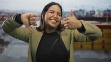 İskele arka planında baş parmak hareketi yapan, gülümseyen, gözlüklü, yeşil ceketli, açık havada kararsızlık ve karışık duyguları yakalayan bir kadın..