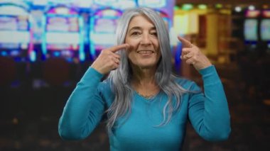 Arka planda renkli kumar makineleri olan canlı bir kumarhanenin içinde yanaklarını gösterirken gri saçlı yaşlı bir kadın gülümsüyor ve neşeli bir oyun atmosferi yaratıyor.