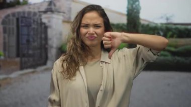 Açık havada bir kadın, dışardaki bir arkaplana karşı tasvip etmeyen bir ifadeyle, sıradan bir ortamda olumsuzluğu iletiyor..