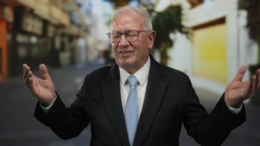 Takım elbiseli kıdemli bir adam şehir caddesinde üzgün görünüyor, elleri havada duygularını ifade ediyor, dışarıda bir iş ortamında hayal kırıklığını iletiyor..