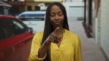 Sarı bluzlu kadın şehir sokağında neşeli hareketler yapıyor. Arka planda arabaları görünüyor. Neşeli kişiliğini ve canlı moda anlayışını sergiliyor..