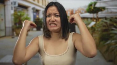 Canlı bir şehir sokağında öfkesini yumruklarıyla ifade eden bir kadın. Etrafı bulanık şehir geçmişiyle çevrili. Açık havada hayal kırıklığı, enerji ve duygu aktarıyor..