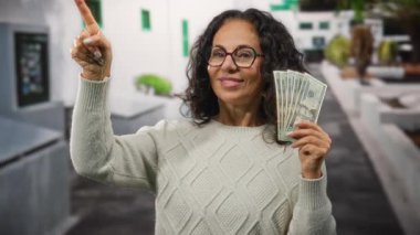 Orta yaşlı kadın Amerikan dolarlarını neşeyle elinde tutuyor şehir sokaklarında başarıyı ve zenginliği işaret ediyor..