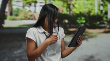 Parktaki kadın tablete bakarken gülümsüyor, rozetli beyaz gömlek giyiyor, yeşillik ve doğal ışık ile çevrili, güzel bir açık hava anı yakalıyor..