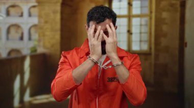 Turuncu tulumlu ve kelepçeli bir adam eski bir üniversite kampüsünde duruyor..