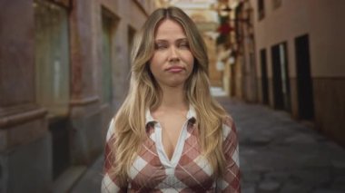 Sarışın, geniş gözlü bir kadın dar eski kaldırım taşı caddesinde tırnak işareti yapıyor; şüphecilik.