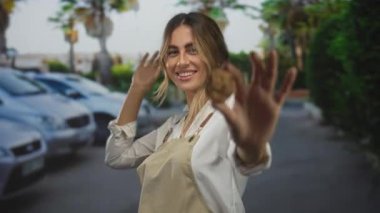 Genç kadın park yerinde park halindeki arabaların yanında çıplak elleriyle çikolatalı kurabiye tutuyor. Mutluluk cazibesi misafirperverliği..