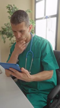 Yeşil üniformalı ve steteskoplu bir adam klinikte tablet kullanıyor. İçerideki tıbbi çevrede bir sağlık uzmanını vurguluyor..