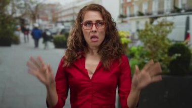 Kıvırcık saçlı ve gözlüklü bir kadın şehir sokaklarında duygularını ifade ediyor, kırmızı bir gömlek giyiyor, arka planda bulanık yayalar olan bir şehir arka planına karşı..