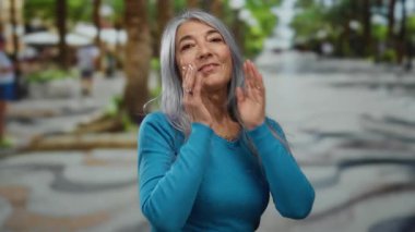 Gri saçlı bir kadın açık havada gülümsüyor, mavi bir gömlek giyiyor, dingin ve neşeli bir anı yakalıyor arka planda ağaçlarla dolu canlı bir şehir ortamında..