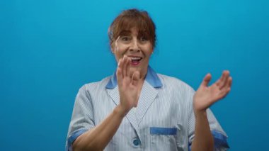 Mavi arka planda gülümseyen İspanyol üniformalı son sınıf öğrencisi kadın, temizlik işinde mutluluk ve memnuniyetini ifade ediyor, profesyonel bir portre için izole edilmiş..