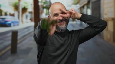 Sakallı, barış işareti yapan ve şehir sokağındaki kameraya bakan kel bir adam arkadaşlığını iletiyor..