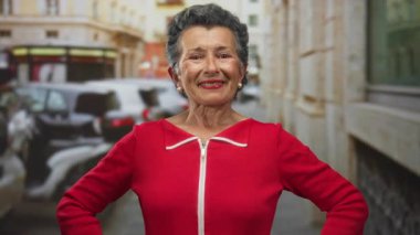 Gri saçlı yaşlı bir kadın canlı kırmızı elbisesiyle güvenle gülümsüyor şehir sokaklarında kendine güvenini ve neşesini sergiliyor..