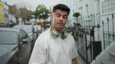 Kulaklıklı genç adam park halindeki araba ve binalarla çevrili bir caddede duruyor..