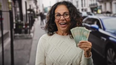 Kadın hareketli bir caddede heyecanlı bir şekilde Dirham banknotlarını tutuyor, neşe dolu bir ifadeyle şehir ortamında pozitiflik ve başarı sergiliyor..