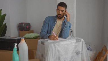 Genç adam, modern apartmanın oturma odasındaki kutularla ve temizlik malzemeleriyle çevrili yeni evinde telefonda yazıyor ve konuşuyor.