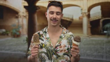 Açık hava üniversitesinde dondurmalı genç bir adam çiçek gömleği giyiyor ve tarihi bir avluda turist gibi eğleniyor..